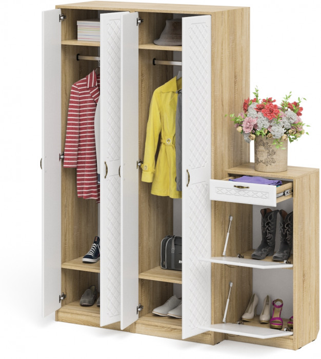 Прихожая П-6 Компоновка № 13, цвет дуб сонома/фасады МДФ белое дерево фрезеровка ромб, ШхГхВ 170х50х210 см., универсальная сборка