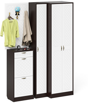 Прихожая П-6 Компоновка № 30, цвет венге/фасады МДФ белое дерево фрезеровка ромб, ШхГхВ 150х50х210 см., универсальная сборка