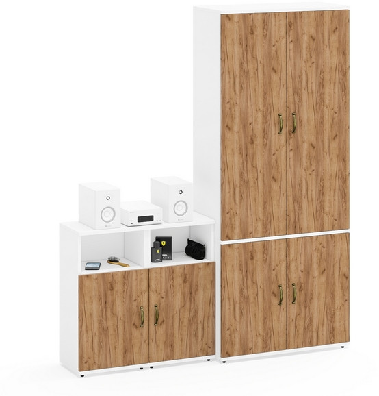 Лидер-8 Шкаф МД 20Б + Тумба МД 3.19 + Тумба МД 3.19, белый шагрень/крафт золото