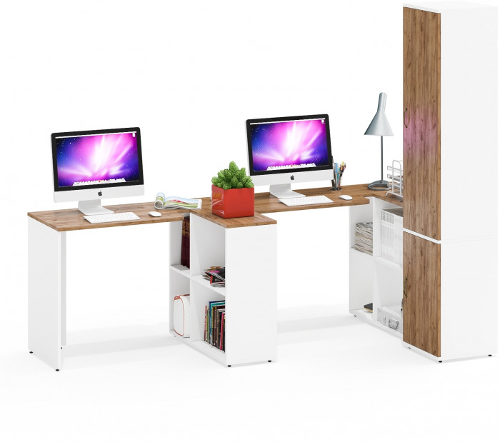 Лидер-8 Стол + Стол + Пенал МД 22Б, цвет белый шагрень/крафт золото, ШхГхВ 370х50/37,5х75/190 или 230х120/50х75/190 см., НЕ универсальная сборка