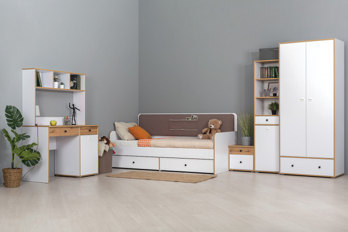 Вуди Компоновка № 39, цвет белый премиум/дуб крафт золотой/саванна латте, сп. м. 900х2000 мм., б/м, основание есть, матрас высотой до 200 мм.