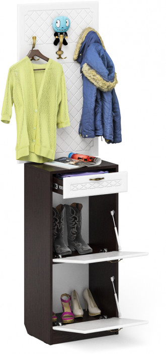 Прихожая П-6 Тумба для обуви 2 секции + Вешалка, венге/фасады МДФ белое дерево фрезеровка ромб