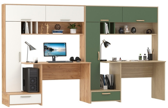 Два Стола письменных Лайт 03.243Н, дуб крафт золотой/белый премиум/плэйн/дымчатый зелёный