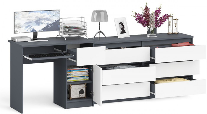 Мори компьютерный стол МС-1 правый + Комод МК1380.6, графит/белый