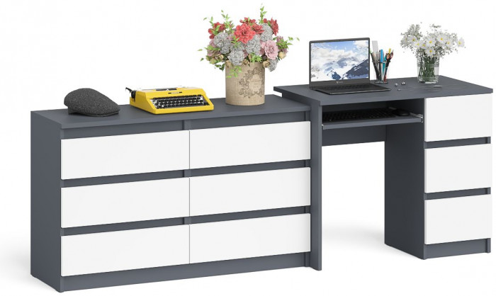 Мори компьютерный стол МС-6 правый + Комод МК1200.6, графит/белый