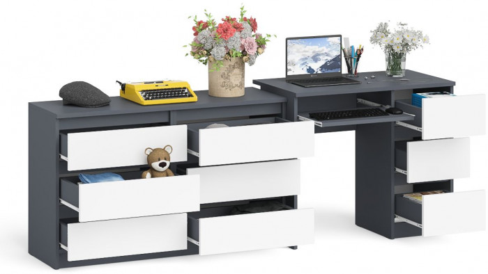 Мори компьютерный стол МС-6 правый + Комод МК1200.6, графит/белый