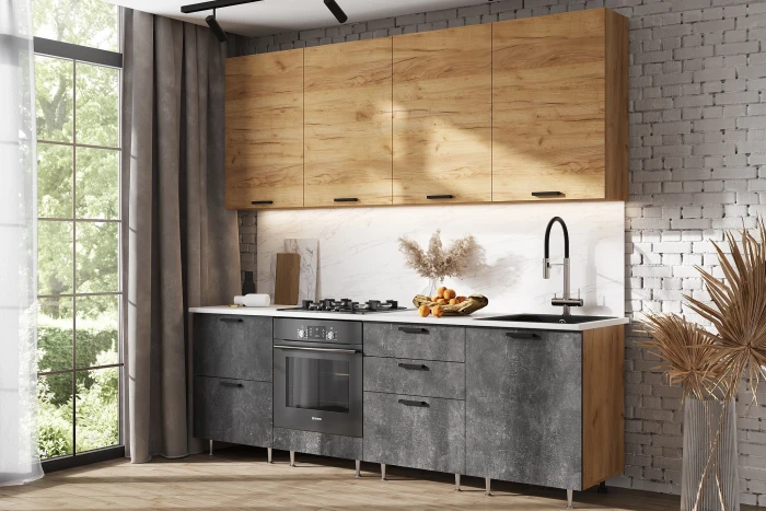 ЛДСП Кухня Рио NEW 2,4м (490) Компановка №2, Дуб Крафт/Бетон темный, Дуб крафт (Антарес)