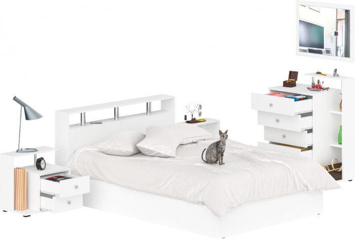 Камелия спальня № 5 Кровать 1400 + Две тумбы + Комод + Зеркало, белый