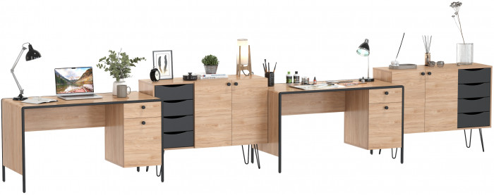 Брюс два Стола 12.157 + два Комода 16.233, цвет чёрный/Battle rock Santiago/столешница МДФ ель карпатская, 486,8х62,6(38,3)х75(85,6) см., ун. сб.