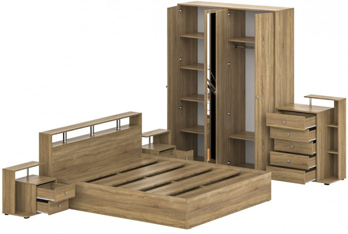 Камелия спальня № 4 Кровать 1800 + Две тумбы + Комод + Шкаф 4-х створчатый, цвет дуб сонома, сп.м. 1800х2000 мм., б/м, основание есть