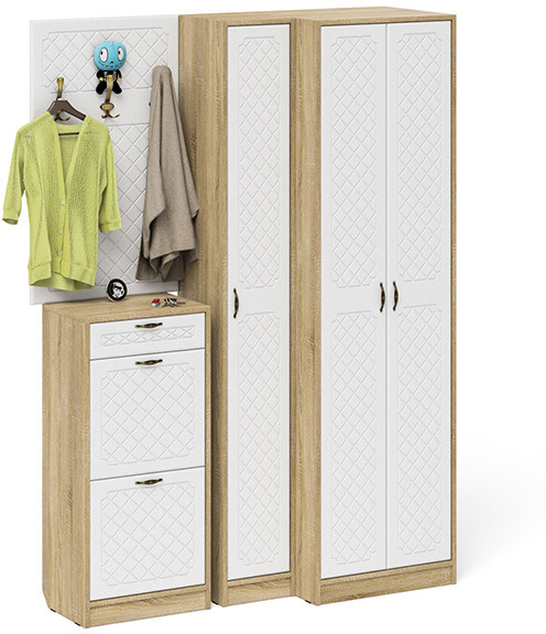 Прихожая П-6 Компоновка № 30, дуб сонома/фасады МДФ белое дерево фрезеровка ромб