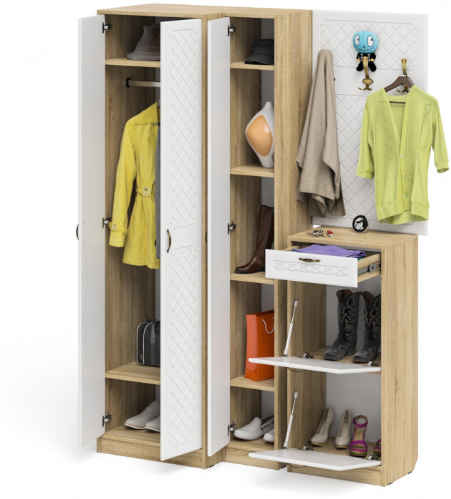 Прихожая П-6 Компоновка № 30, дуб сонома/фасады МДФ белое дерево фрезеровка ромб