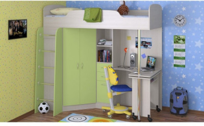 Детская кровать-чердак Теремок-1, Дуб молочный / Салатовый