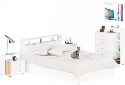 Камелия спальня № 5 Кровать 1400 + Две тумбы + Комод + Зеркало, цвет белый, сп.м. 1400х2000 мм., б/м, основание есть