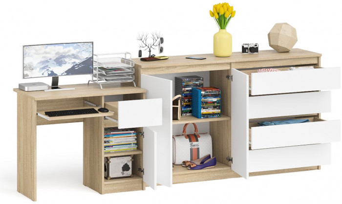 Мори компьютерный стол МС-1 правый + Комод МК1600.1, дуб сонома/белый