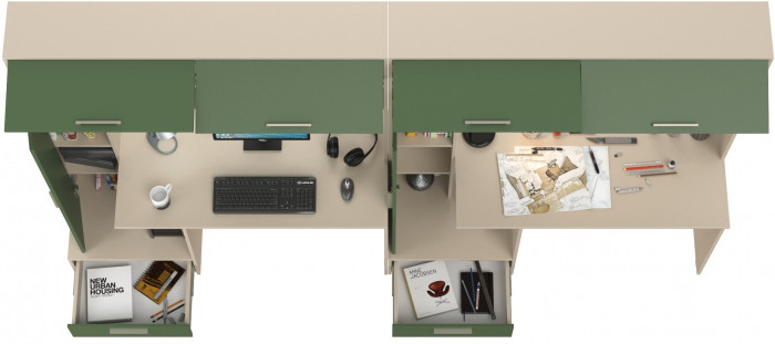 Лайт Стол письменный 03.243Н + Лайт Стол письменный 03.243Н, цвет сатин/дымчатый зелёный, ШхГхВ 300,4х57,3х179,9 см., НЕ универсальная сборка