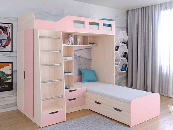 Кровать двухъярусная Астра 4 Дуб молочный/Розовый