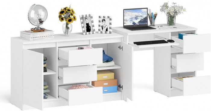 Мори Стол компьютерный МС-6 правый + Комод МК1200.3, цвет белый, ШхГхВ 210,4х50х76,6 см., выдвижные ящики справа, НЕ универсальная сборка