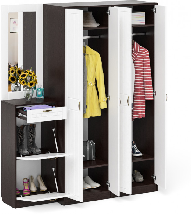 Прихожая П-6 Компоновка № 14, цвет венге/фасады МДФ белое дерево фрезеровка прованс, ШхГхВ 170х50х210 см., универсальная сборка
