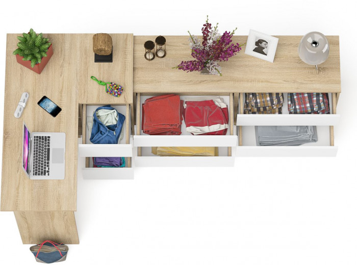 Мори компьютерный стол МС-16 правый + Комод МК1380.6, дуб сонома/белый