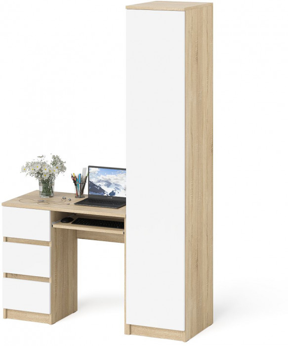 Мори компьютерный стол МС-6 левый + Пенал МШ400.1, дуб сонома/белый