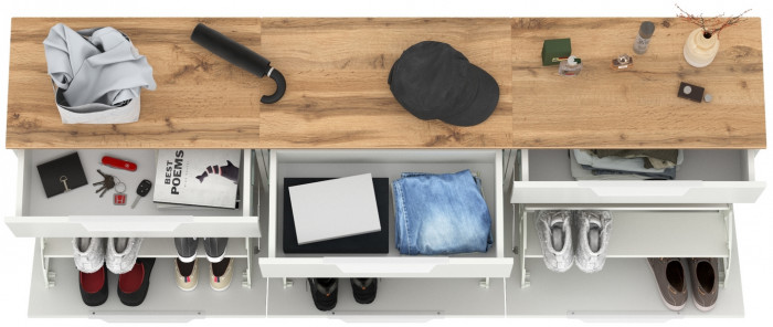 Октава 16.127 Тумба для обуви + 16.127 Тумба + 16.127 Тумба, белый шагрень/дуб крафт золотой/фасады МДФ белый шагрень