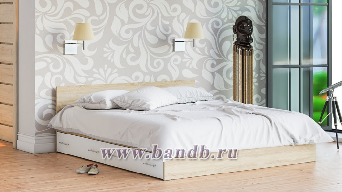 Мори Кровать с ящиками 1800, цвет дуб сонома/белый, ШхГхВ 183,5х203,5х70 см., сп.м. 1800х2000 мм., без матраса, основание есть