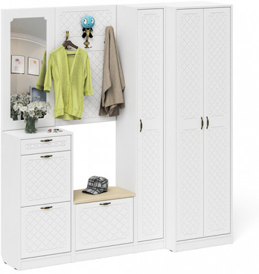 Прихожая П-6 Компоновка № 31, белая шагрень/фасады МДФ белое дерево фрезеровка ромб