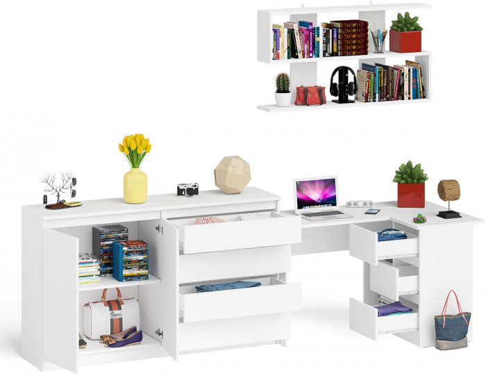 Мори компьютерный стол МС-16 правый + Комод МК1600.1 + Полка 1200, белый