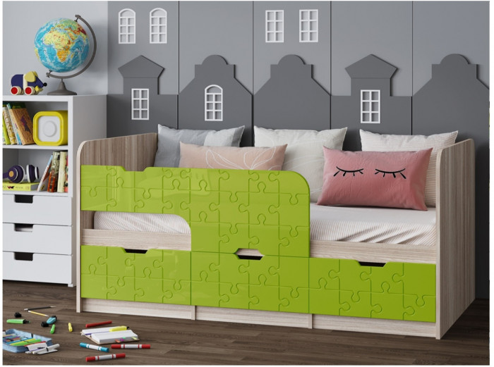 Детская кровать Юниор-9, 80х160 (Лайм глянец, Ясень шимо светлый)