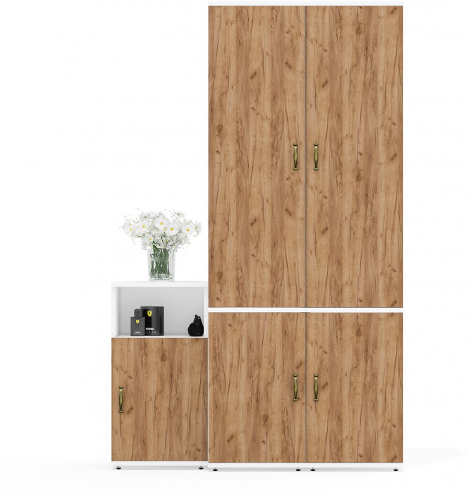 Лидер-8 Пенал МД 22Б + Пенал МД 22Б + Тумба МД 3.19, цвет белый шагрень/крафт золото, ШхГхВ 120х37,5х190 см., универсальная сборка