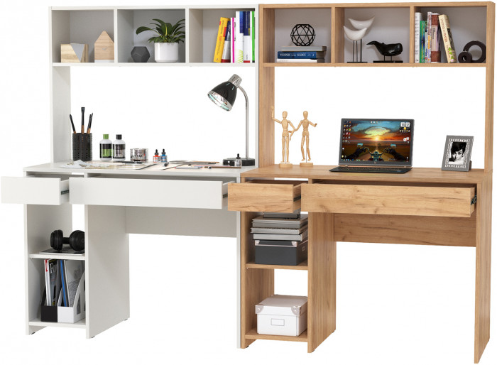 компьютерный стол Комфорт 12.77F + компьютерный стол Комфорт 12.77F, белый шагрень/дуб крафт золотой