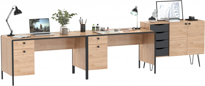 Брюс Стол 12.157 + Комод 16.233 + Стол 12.157, цвет чёрный/Battle rock Santiago/столешница МДФ ель карпатская, 373,4х62,6(38,3)х75(85,6) см., ун. сб.