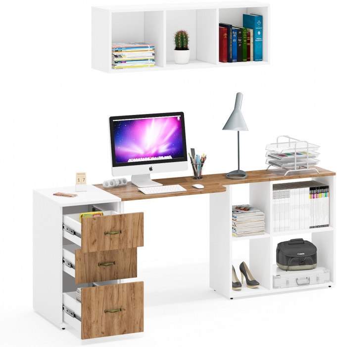 Лидер-8 Стол + Полка + Тумба МД 3.16, белый шагрень/крафт золото