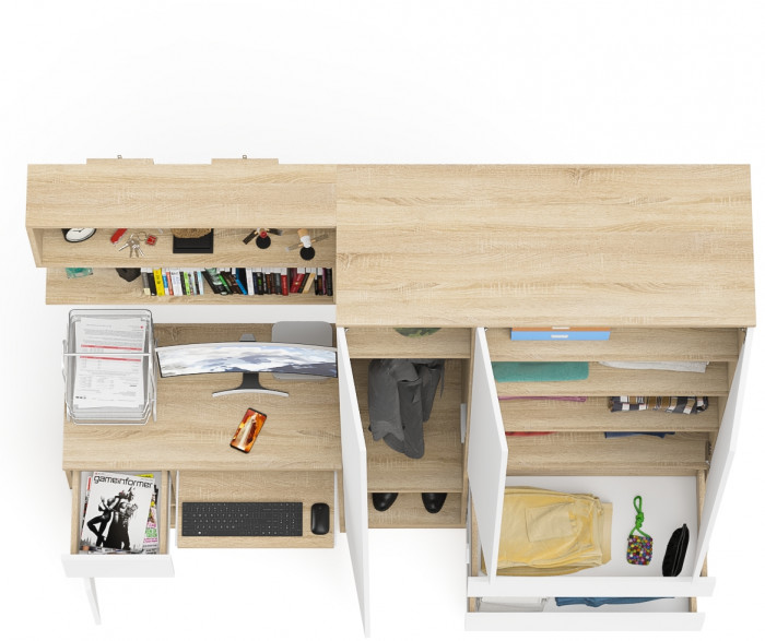 Мори компьютерный стол МС-1 левый + Шкаф МШ1200.1 + Полка 900, дуб сонома/белый