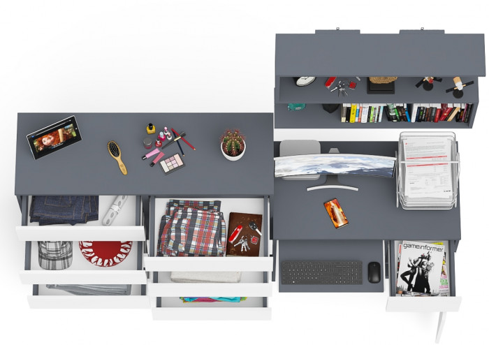 Мори Стол компьютерный МС-1 правый + Комод МК1200.10 + Полка 900, цвет графит/белый, ШхГхВ 210,4х50х209,6 см., НЕ универсальная сборка