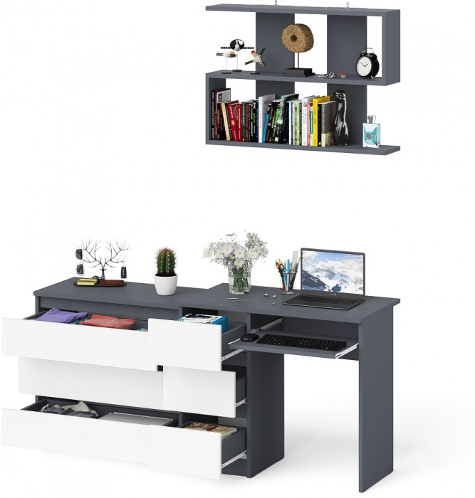 Мори компьютерный стол МС-6 левый + Комод МК800.1 + Полка 900, графит/белый