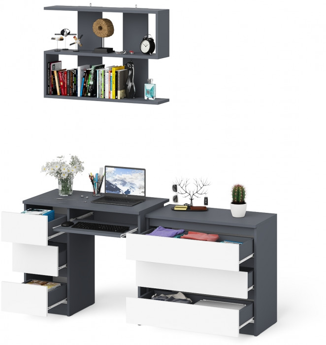 Мори компьютерный стол МС-6 левый + Комод МК800.1 + Полка 900, графит/белый