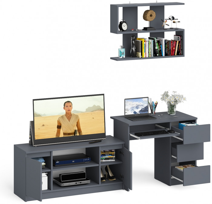 Мори компьютерный стол МС-6 правый + Тумба МТВ1200.1 + Полка 900, графит