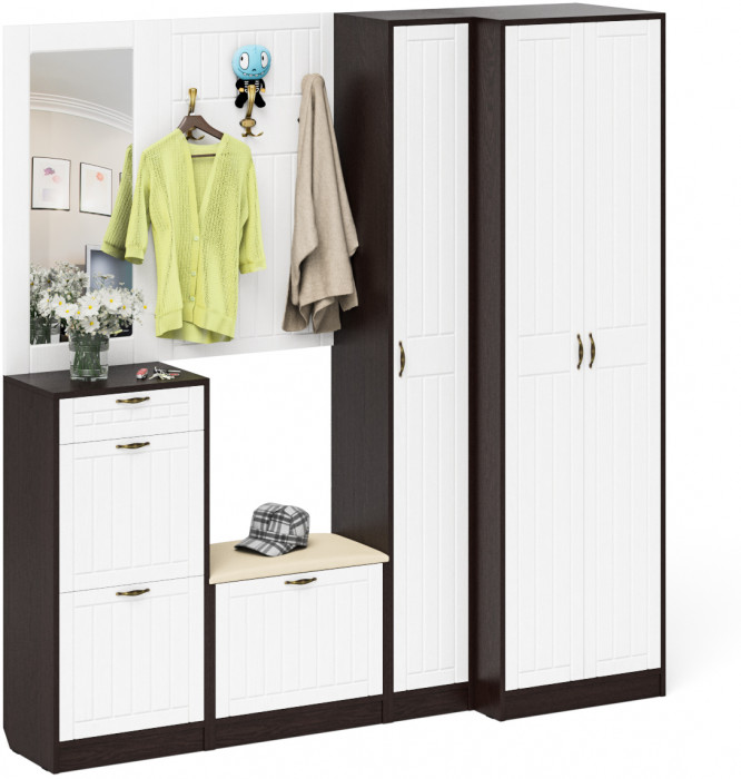 Прихожая П-6 Компоновка № 31, венге/фасады МДФ белое дерево фрезеровка прованс