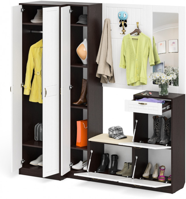 Прихожая П-6 Компоновка № 31, венге/фасады МДФ белое дерево фрезеровка прованс