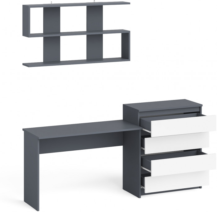 Мори Стол письменный МСП1200.1 + Комод МК800.4 + Полка 1200, цвет графит/белый, ШхГхВ 200,8х50х209,6 см., универсальная сборка