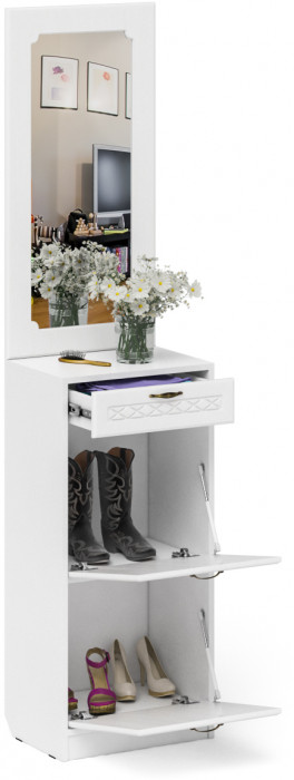 Прихожая П-6 Тумба для обуви 2 секции + Зеркало, белая шагрень/фасады МДФ белое дерево фрезеровка ромб