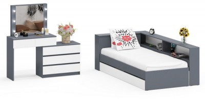Ксения Кровать с ящиками 0900 + прикроватный блок + Столик с подсветкой 110, графит/белый