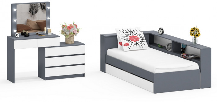 Ксения Кровать с ящиками 0900 + прикроватный блок + Столик с подсветкой 110, графит/белый