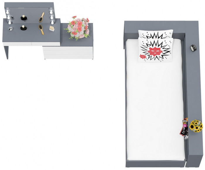 Ксения Кровать с ящиками 0900 + прикроватный блок + Столик с подсветкой 110, графит/белый