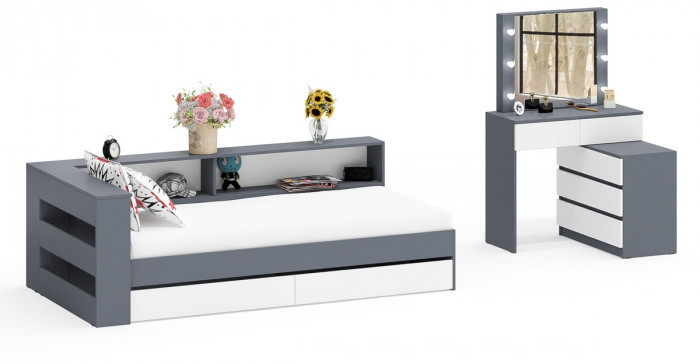 Ксения Кровать с ящиками 0900 + прикроватный блок + Столик с подсветкой 110, графит/белый