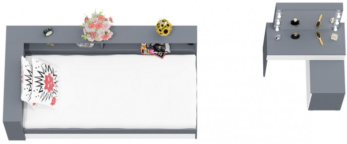 Ксения Кровать с ящиками 0900 + прикроватный блок + Столик с подсветкой 110, графит/белый