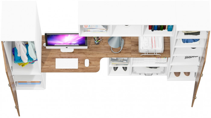 Лидер-8 Пенал МД 23Б + Стол + Полка + Пенал 22Б, белый шагрень/крафт золото