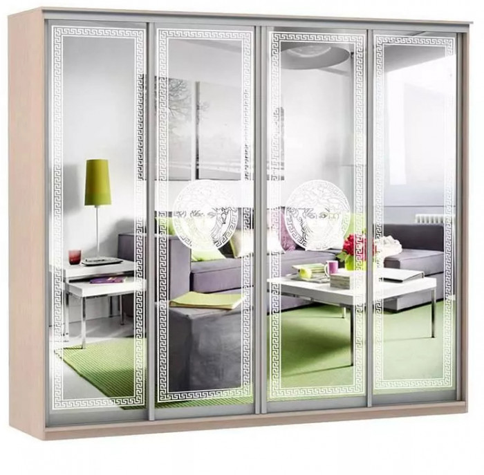 Шкаф купе Модерн 2362х450 4-х дверный 4-х секционный зеркальный с пескоструем №1 ясень
